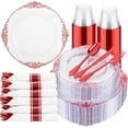thumbnail image 1 of 350pcs Clear Red Plastic Plates - Elegant Disposable Dinnerware Set Suitable for 50 Guests Include 10.25" Dinner & 7.5" Dessert Plates, Pre Rolled Silverware Set, Cups for Party & Wedding, 1 of 8