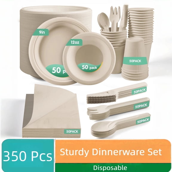 350pcs Disposable Paper Dinnerware Set, Disposable Heavy-Duty Paper Plates, Bowls & Cutlery, Paple Plates Forks Knives Spoons for 50 Guests, for Parties, Weddings, Picnics, Camping