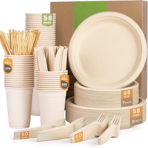 350pcs Compostable Paper Plates Set Eco-friendly Heavy-duty Disposable Paper Plates Cutlery Includes Eco-friendly Plate, Forks, Knives, Spoons, Cups and Straws for Wedding Party, 50 Guests