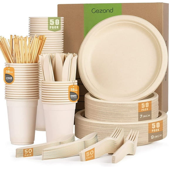 350pcs Compostable Paper Plates Set Eco-friendly Heavy-duty Disposable Paper Plates Cutlery Includes Eco-friendly Plate, Forks, Knives, Spoons, Cups and Straws for Wedding Party, 50 Guests