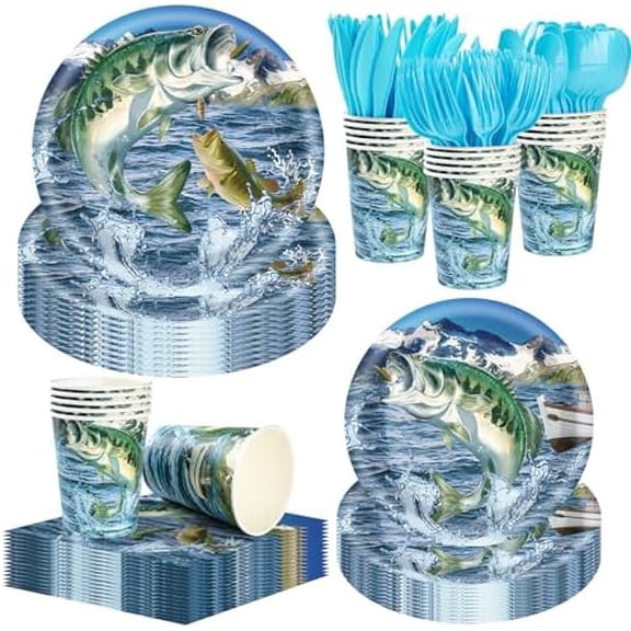 350pcs Fishing Party Decorations for 50 Guests gone Fishing Party Supplies Include Include Paper Plate, Napkin, Cup and Disposable Plastic Cutlery$$Home Decor, Kitchen, & Other