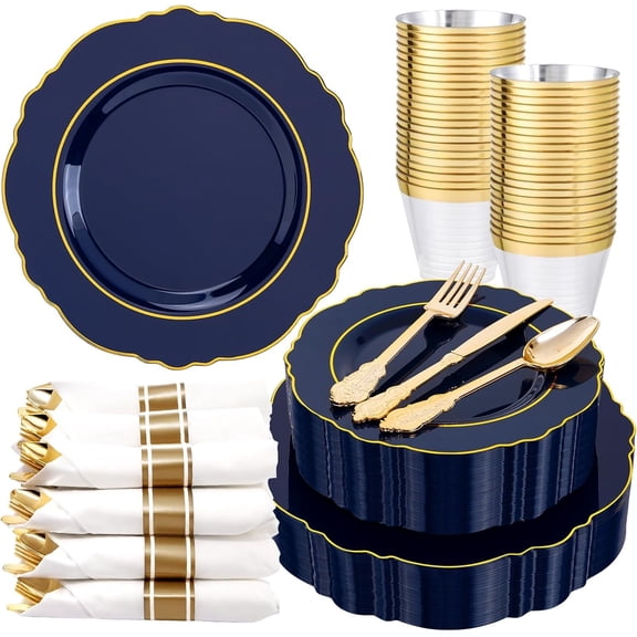 350pcs Navy Blue Plastic Plates - 50-Guest Disposable Dinnerware Set