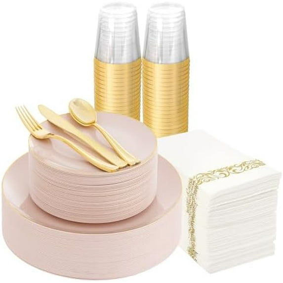 350pcs Pink Plastic Plates,Plates Disposable Heavy Duty,Pink Disposable Plastic Dinnerware Set Include 50 Dinner Plate,50 Dessert Plate,50 Gold Cutlery,50 Cups&50 Napkins for Party&Wedding