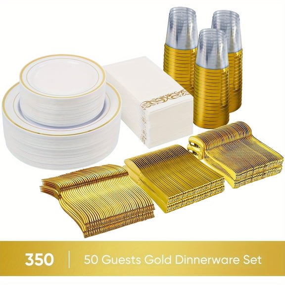 350pcs Plastic Dinnerware Set, Disposable Party Plates for 50 Guests, Include: 50 Dinner Plates, 50 Dessert Plates, 50 Pre Rolled Napkins, 50 Silverware Set And Cups for Wedding