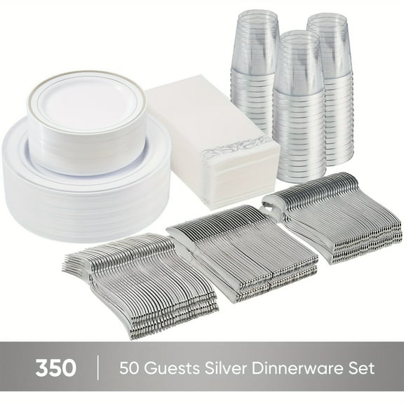350pcs Plastic Dinnerware Set, Disposable Party Plates for 50 Guests, Include: 50 Dinner Plates, 50 Dessert Plates, 50 Pre Rolled Napkins, 50 Silverware Set And Cups for Wedding