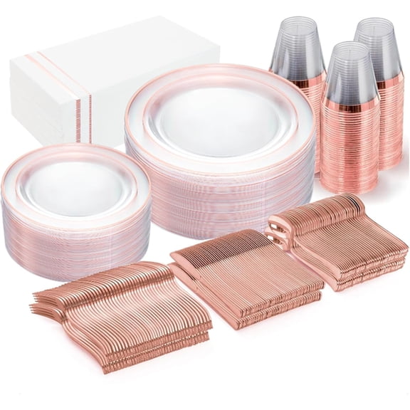 350pcs Rose Gold Plastic Plates - Disposable Rose Gold Dinnerware Includes 100 Clear Rose Golds Rimmed Plastic Plates, 150 Silverware, 50 Napkins, 50 Cups for Party, Wedding & Easter