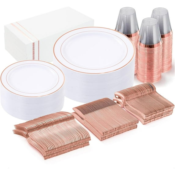 350pcs Rose Gold Plastic Plates - Disposable Rose Gold Dinnerware Sets Includes 100 Gold Rimmed Plastic Plates, 150 Silverware, 50 Napkins, 50 Cups for Party, Wedding