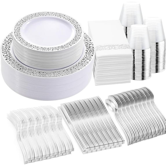 350pcs Silver Party Dinnerware Set for 50 Guests, Silver Wedding Plates Disposable Heavy Duty, Including :50 Dinner Plates, 50 Dessert Plates, 50 Cups, 50 Napkins, 50 Sliver Silverware Set