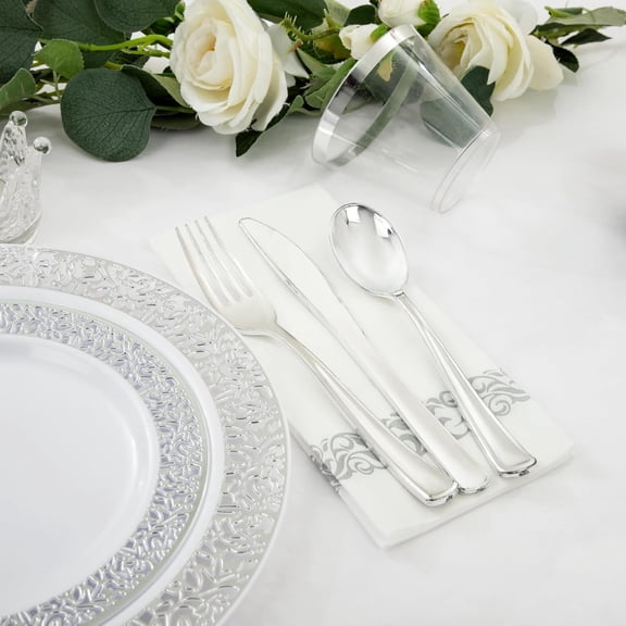 350pcs Silver Party Dinnerware Set for 50 Guests