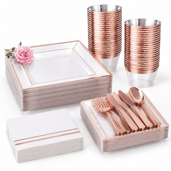 350rose Plastic Plates -r Disposable Dinnerware Sets For 50guests Include 100 50 Cups 50plastic Cutlery 50napkfall Party&wedding&