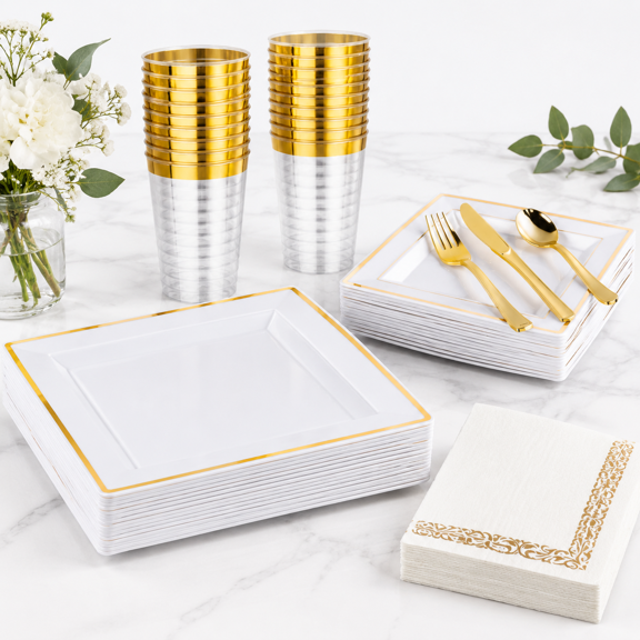 350white And Square Plastic Plates Disposable Dinnerware Set