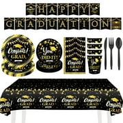 LONGRV Graduation Party Supplies, 2024 Graduation Party Dinnerware Set Black Gold Disposable Paper Plates Napkins Cups Tablecloth Banner for Congrats Grad Party Decorations, Serve 16