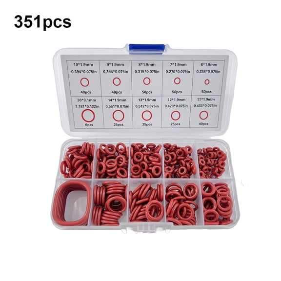 351-Piece Red Silicone O-Ring Assortment Kit, 10 Sizes for Automotive, Plumbing, and
