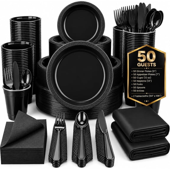 352 Pcs Black Plastic Plates, Disposable Dinnerware Set for 50