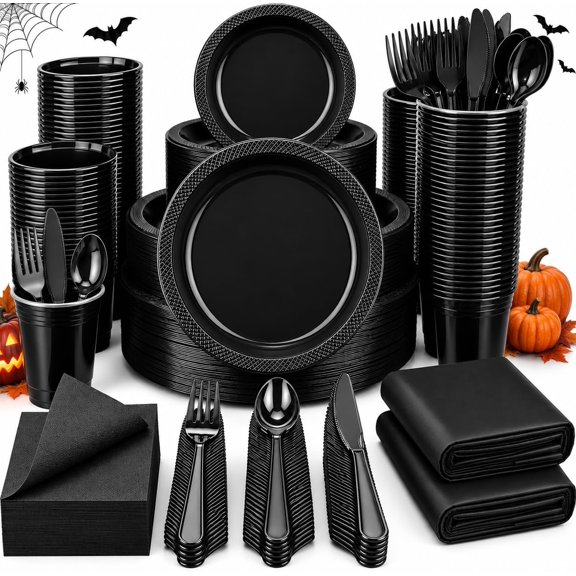 352 Pcs Black Plastic Plates, Disposable Dinnerware Set for 50