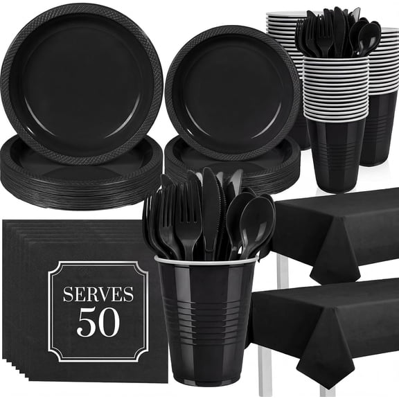352 Pcs Black Plastic Plates Party Set, 50 Guests Disposable Dinnerware Set with Black Tablecloths, Elegant Black Plastic Plates Party Set for Wedding/Corporate Event/Formal Dinner/Gala