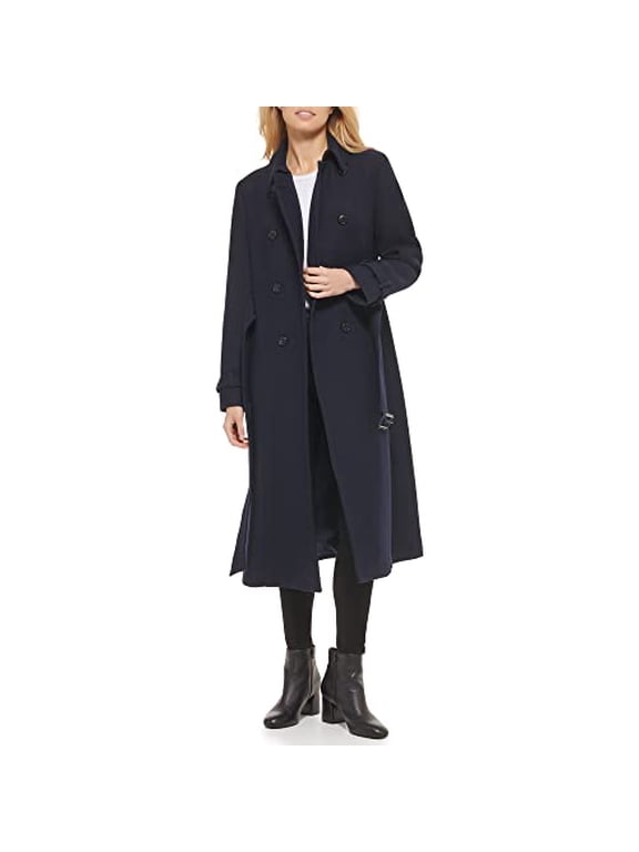 352MB494 COLE HAAN WOMEN'S FLARED TRENCH SLICK WOOL COAT SIZE: 4 COLOR: NAVY