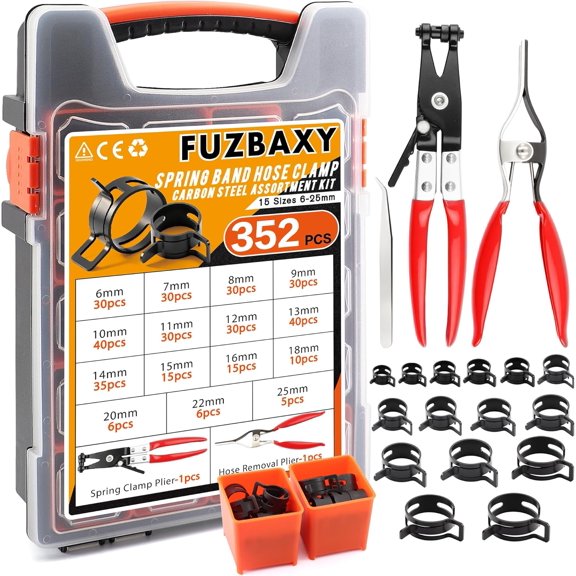 352Pcs Spring GANGZI Clamp Assortment Kit with Pliers, 15 Sizes 6-25mm, Stainless Steel, for Fuel Line, Silicone, Vacuum, Low Pressure Air GANGZIs