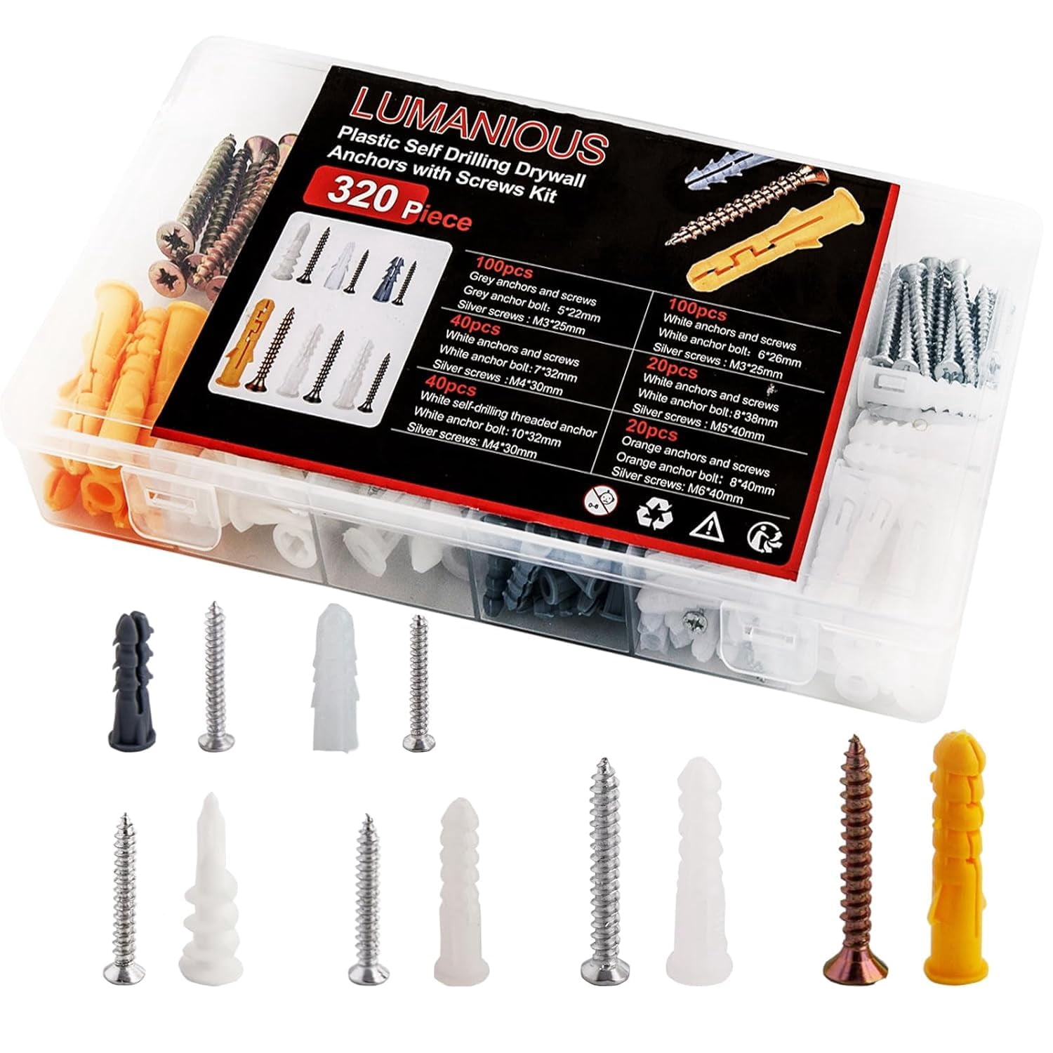 352pcs Self-Drilling Drywall Anchors and Screws Kit, 9 Different Assorted Size, Include Nylon Plastic Wall Anchors,Galvanized Steel Anchors, Screws, Hollow Door Anchors, Holds Up to 75lbs