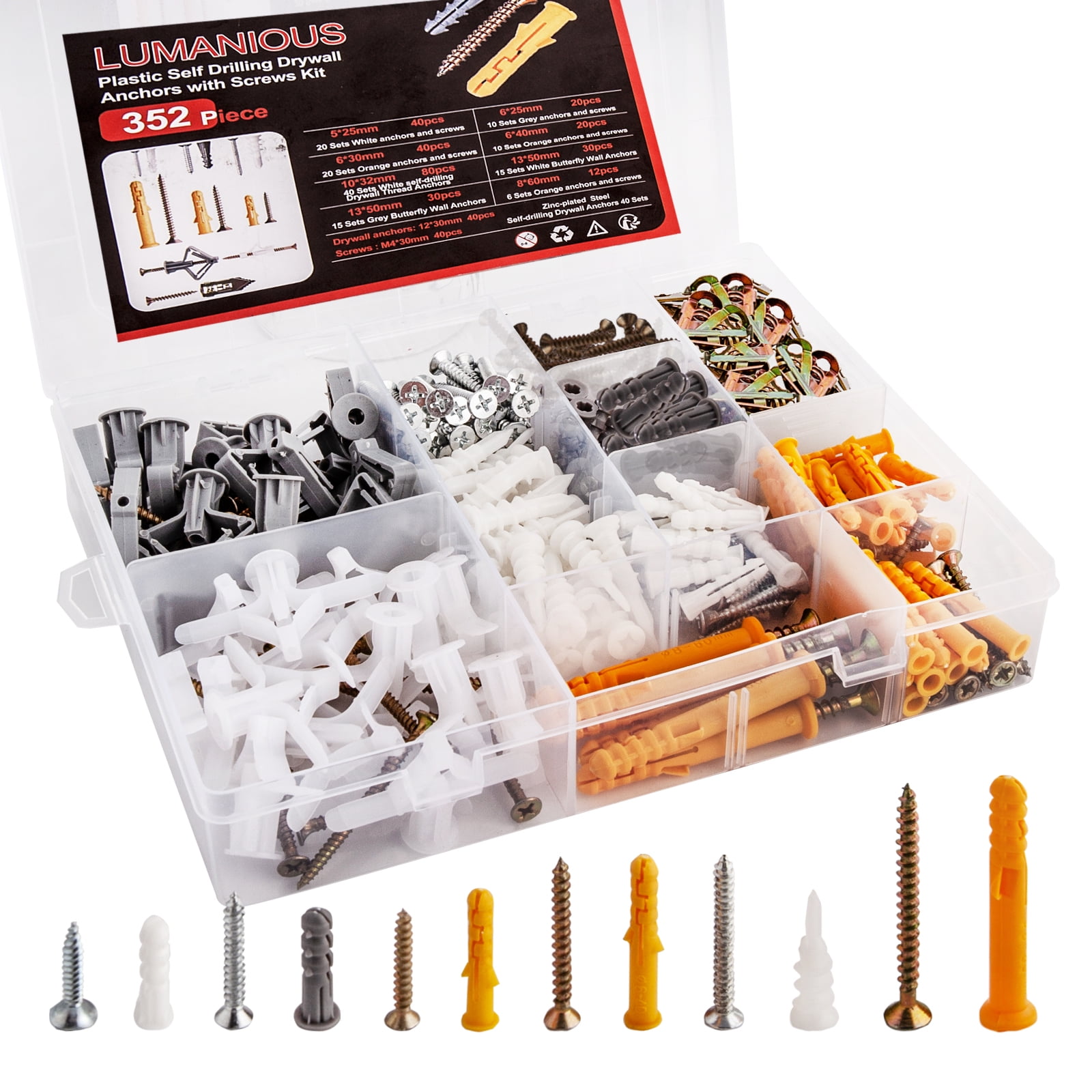 352pcs Self-Drilling Drywall Anchors and Screws Kit, 9 Different Assorted Size, Include Nylon Plastic Wall Anchors,Galvanized Steel Anchors, Screws, Hollow Door Anchors, Holds Up to 75lbs