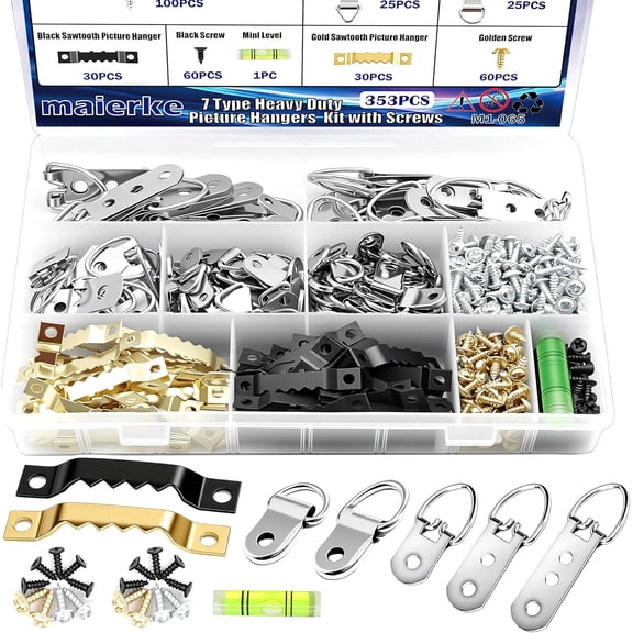 353PCS Picture Hanging Kit,Picture Hangers Heavy Duty Picture Hanging Hs with Screws,Picture Frame Hs Heavy Duty Picture Framing Supplies Kit for Picture Hanging(7 Types)