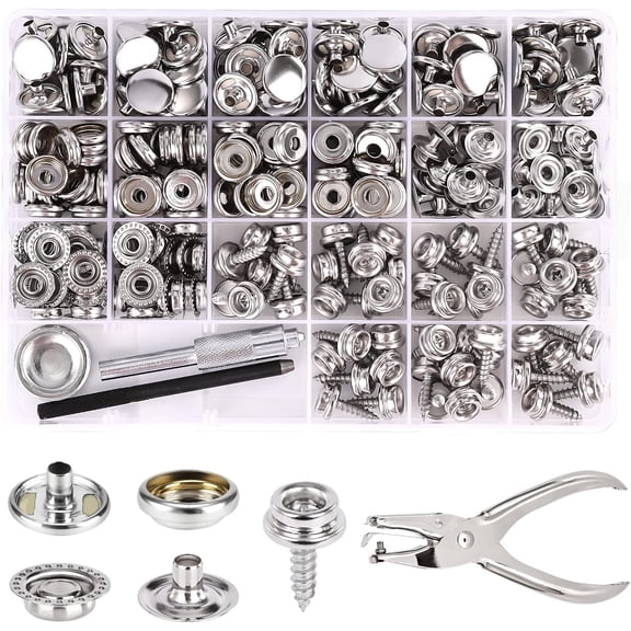 354 PCS Boat Canvas Snap Kit Marine Grade Stainless Steel Canvas Repair Kit Snap Fasteners Kit for Boat Canvas Fabric Leather with Material Hole Punch/Setting Tools (Silver)