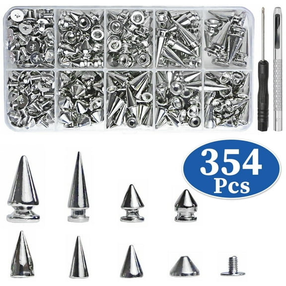 Kabuer 354 Pcs Punk Rebellion Stud Kit 8 Size Cone Spikes with Tools & Case - Art Making, Leather Crafts and Clothes Making