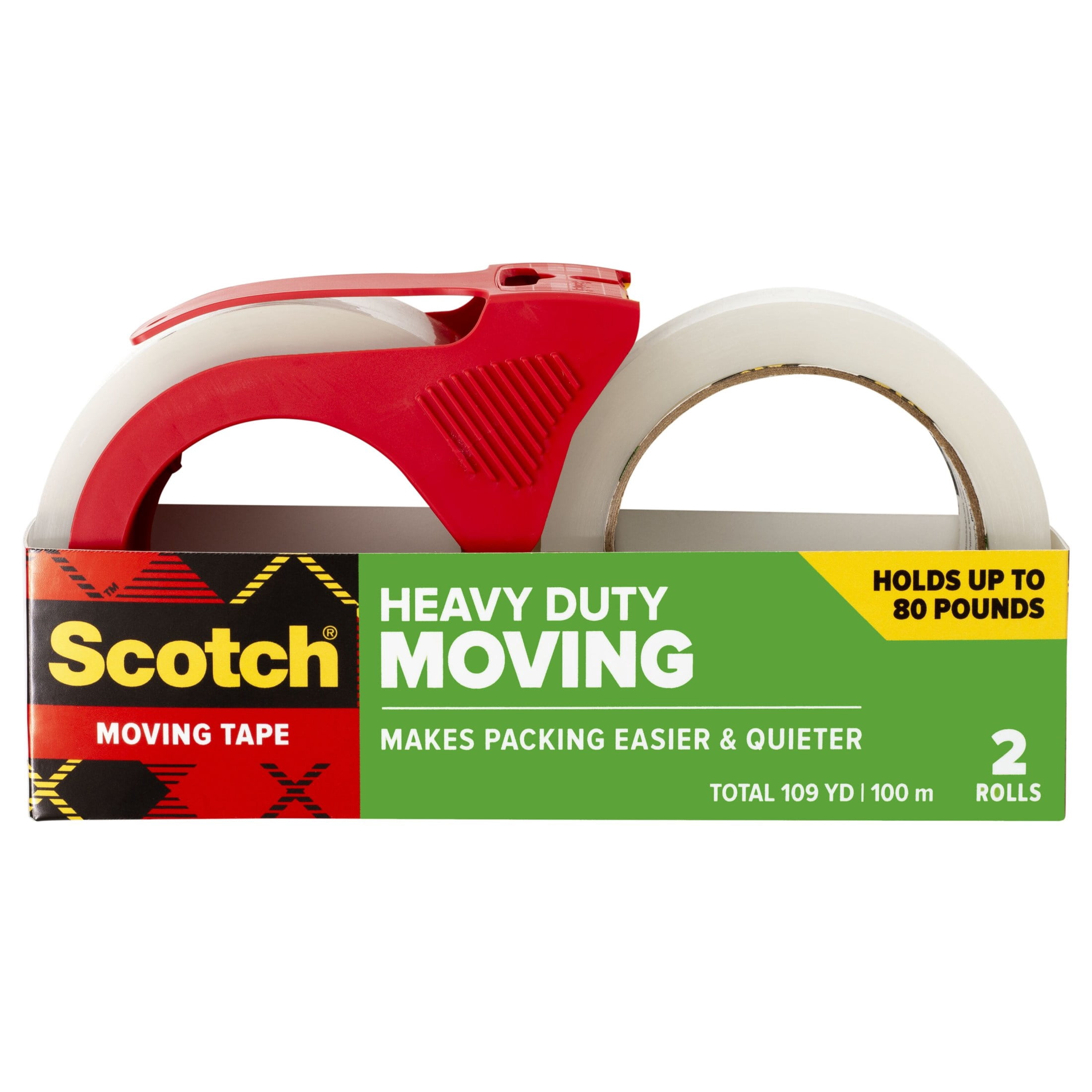Scotch Heavy Duty Moving Packing Tape, Clear, Quiet Unwind, 1.88 in. x 54.6 yd., 2 Tape Rolls with 1 Dispenser