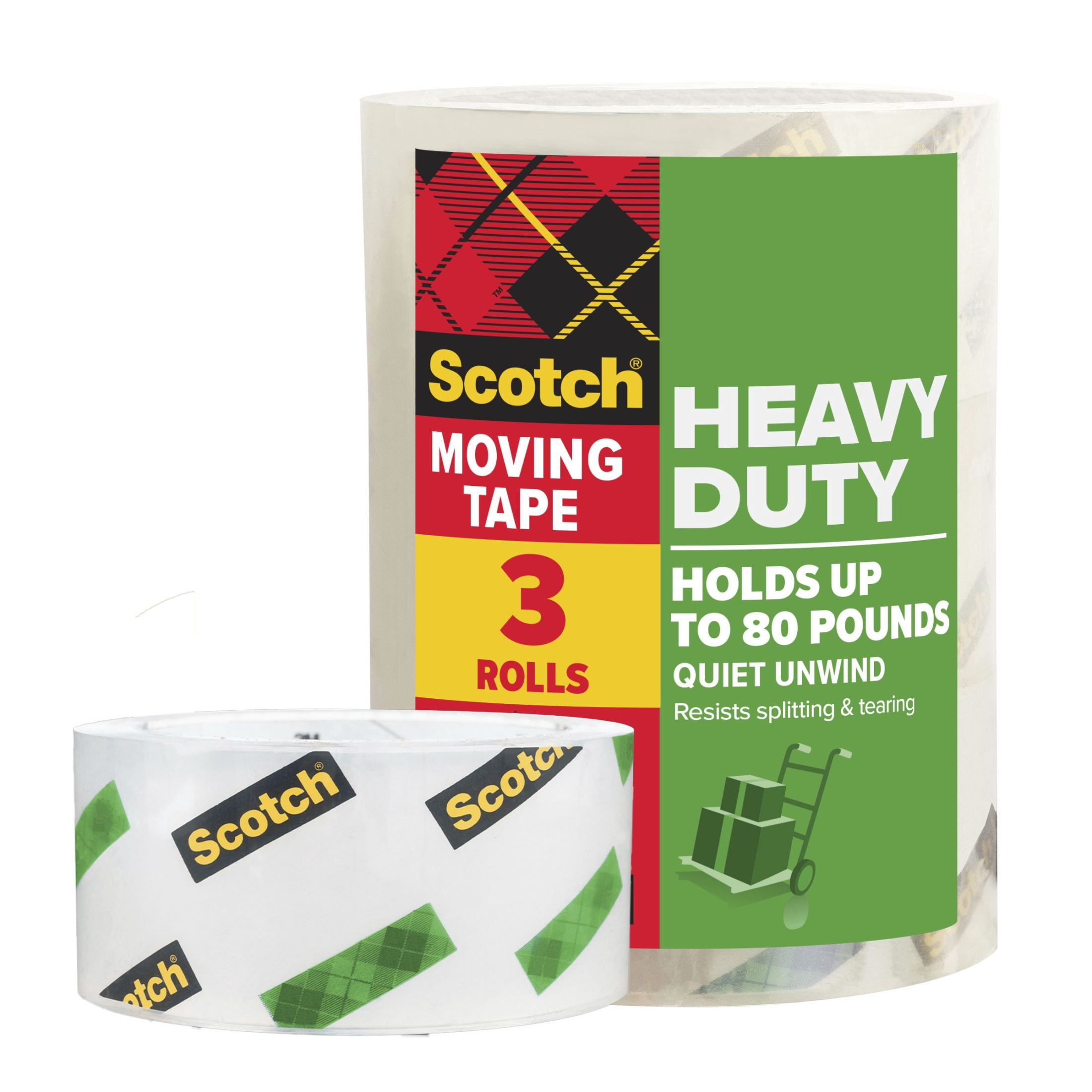 Scotch Heavy Duty Moving Packing Tape, Clear, Quiet Unwind, 1.88 in. x 54.6 yd., 3 Refill Tape Rolls