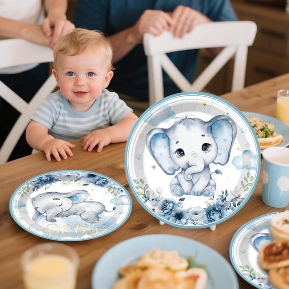 356pcs Elephant Baby Shower Decorations Complete Tableware Set for 25 Guests Blue