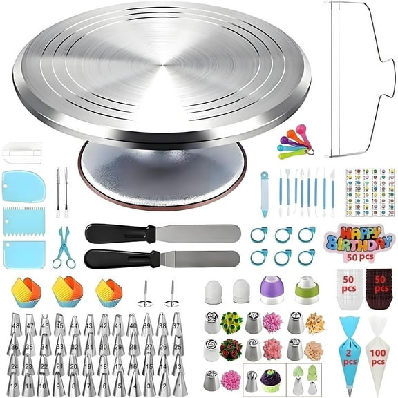 357 Pcs Cake Decorating Kit,with Aluminium Alloy Cake Turntable,48 Numbered Icing Tips,8 Russian+Ball Tips,2 Icing Spatulas,50 Cake Flags,102 Pastry Bags,109 Cupcake Liners and More
