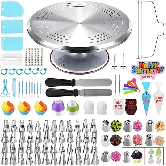 357 count Cake Decorating Kit,with Aluminium Alloy Cake Turntable,48 Numbered Icing Tips,8 Russian+Ball Tips,2 Icing Spatulas,50 Cake Flags,102 Pastry Bags,109 Cupcake Liners and