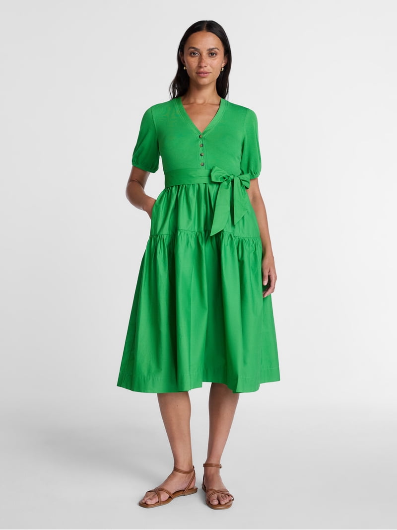 Time and Tru Women's Mixed Media Midi Dress with Puff Sleeves, Sizes Xs-xxxl, Size: Medium, Green Time and Tru Women's Mixed Media Midi Dress with Puff Sleeves, Sizes Xs-xxxl, Size: Medium, Green