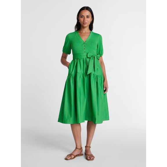 Time and Tru Women's Mixed Media Midi Dress with Puff Sleeves, Sizes XS-XXXL