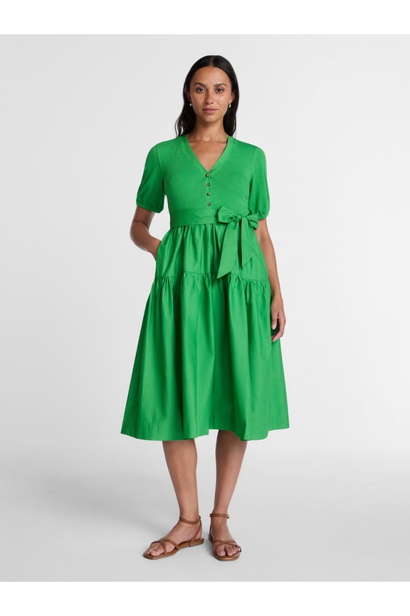 Women's Mixed Media Midi Dress with Puff Sleeves, Sizes XS-XXXL