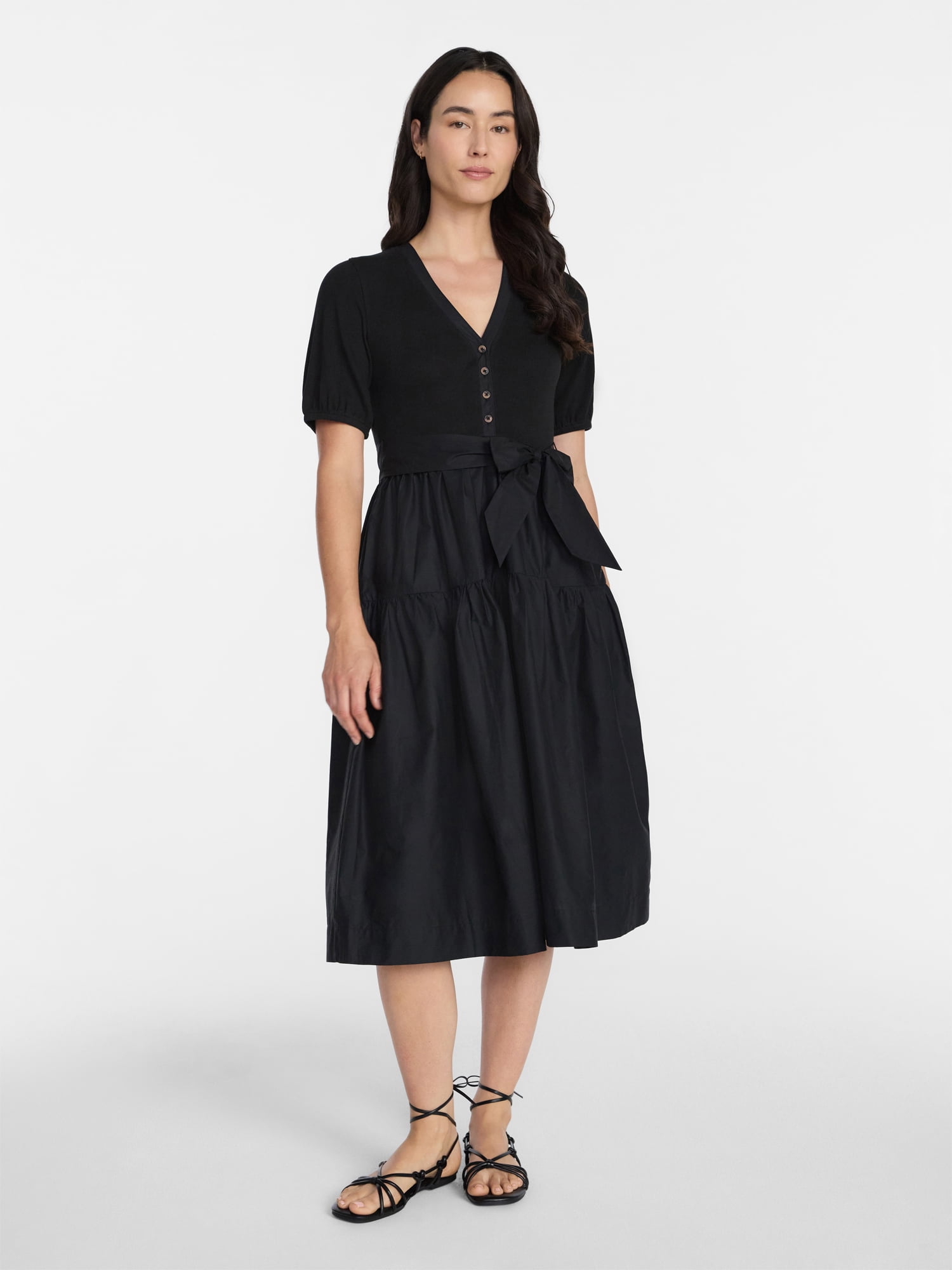 black midi dress with sleeves Silk Rib Half Sleeve Size medium measures 45 from shoulder to hem Plus Size Black Midi Maxi