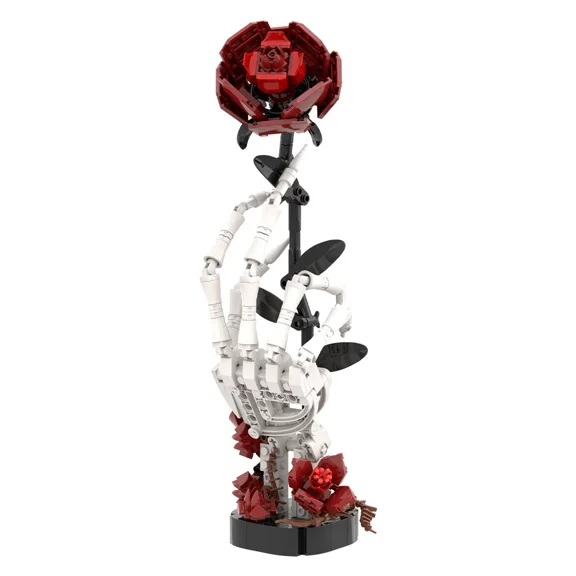 357pcs Skeleton Hands Holding Rose Building Set, Gothic Floral Skull Model Kit, Realistic Bone Structure with Red Blooms, Unique Valentine's/Birthday/Halloween Gift & Home Decor