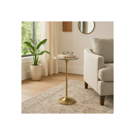 Elegant End Table, Side Table, or Small Night Stand for Room Decor - Slim Metal Drink Table with Marble Top and Trumpet Base for Bedroom or Living Room - Ideal for Small Spaces - 27" Brown & Gold