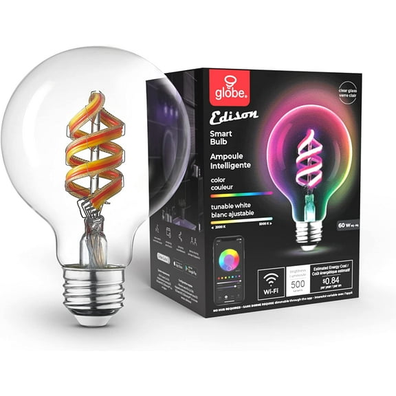 35851 Wi-Fi Smart 7W (60W Equivalent) Spiral Filament Multicolor Changing LED Light Bulb, No Hub Required, Voice Activated, 2000K - 5000K, G25 Shape, E26 Base, Vintage Edison