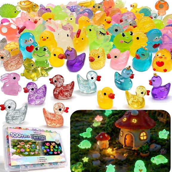 35Assorted Mini Resin Animals: 100Pcs Luminous Resin Figurines Variety Pack - Glow in the Dark Plastic Little Ducks Hedgehog Frog Rabbit Dinosaur for Fairy Garden Aquarium Fish Tank Dcor
