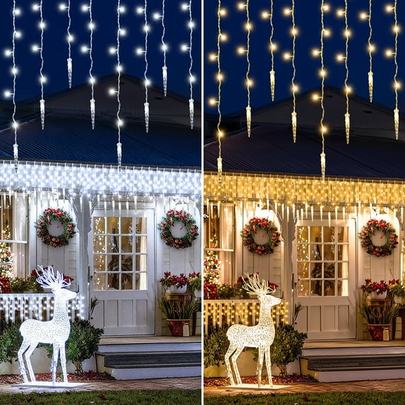 35FT 320LED Outdoor Christmas Icicle Lights With Remote, 11 Modes, IP44 Waterproof, Timer & Memory Fuction, Connectable, Dimmable, Plug In Dual Color Changing String Lights With Ice Tube