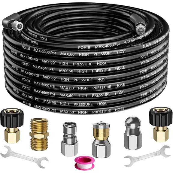 35FT Sewer Jetter Kit for Pressure Washer 4000PSI Hydrojet Drain Cleaning Kit with Button Nose 1/4 Inch NPT Rotating Sewer Jet Nozzle Spanner
