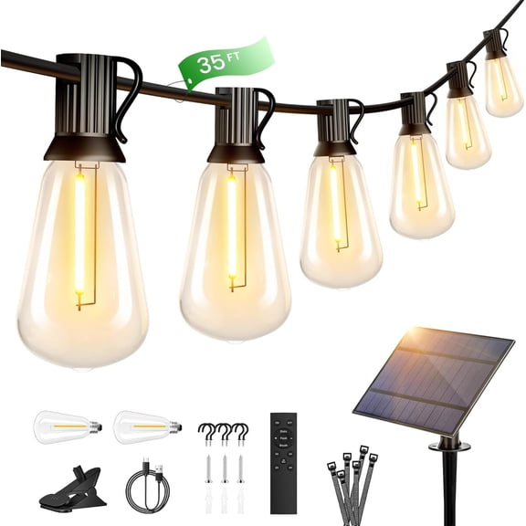 35FT Solar Globe String Lights Outdoor,  Solar Patio Lights with Remote, 17 Shatterproof LED Filament ST38 Bulbs, 2200K Soft White Dimmable Edison  Lights for Gazebo Deck