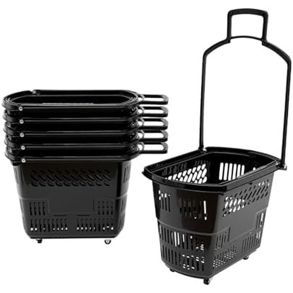 35L 6 count Shopping Carts, Shopping Baskets with Handles & Wheels, Portable Plastic Rolling Shopping Basket Set for Supermarkets and Retail Stores (Black)