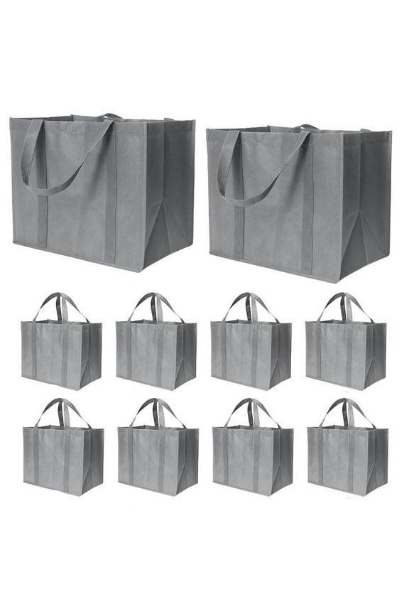 35L Reusable Grocery Bags with Long Handles, 10 Pack Foldable Reusable Shopping Bags, Grocery Bulk T Grey non-woven fabric