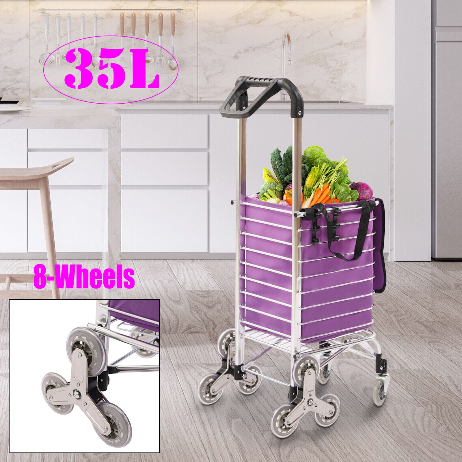 35L Shopping Handcart Rolling Cart Folding Grocery Laundry Cart with 8