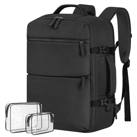 35L Travel Backpack, Carry on Luggage for Airplanes with 2 Packing Cubes, 15.6 inch Personal Item Travel Bag, Expandable Backpack with USB Charging Port & Shoe Pocket for Travel, Work,Black