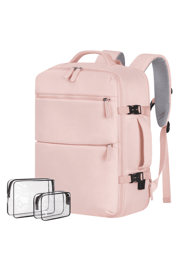 35L Travel Backpack, Carry on Luggage for Airplanes with 2 Packing Cubes, 15.6 inch Personal Item Travel Bag, Expandable Backpack with USB Charging Port & Shoe Pocket for Travel, Work,Pink