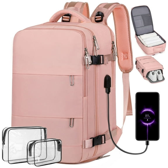 35L Travel Backpack for Women & Men, Carry On Backpack with USB Charging Port & Shoe Pouch, Expandable Flight Approved Backpack, Waterproof Travel Essentials for Weekender Business Hiking,Pink