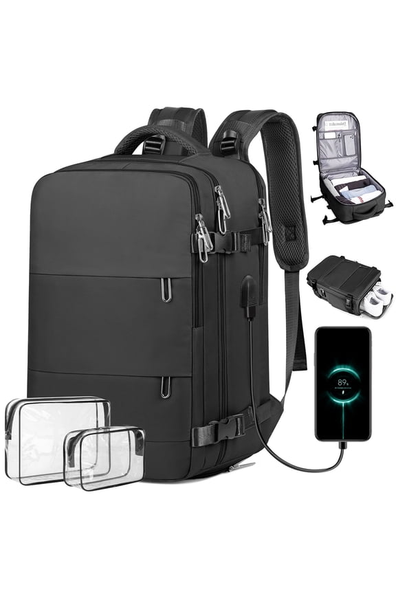 35L Travel Backpack for Women & Men, Carry On Backpack with USB Charging Port & Shoe Pouch, Expandable Flight Approved Backpack, Waterproof Travel Essentials for Weekender Business Hiking,Black